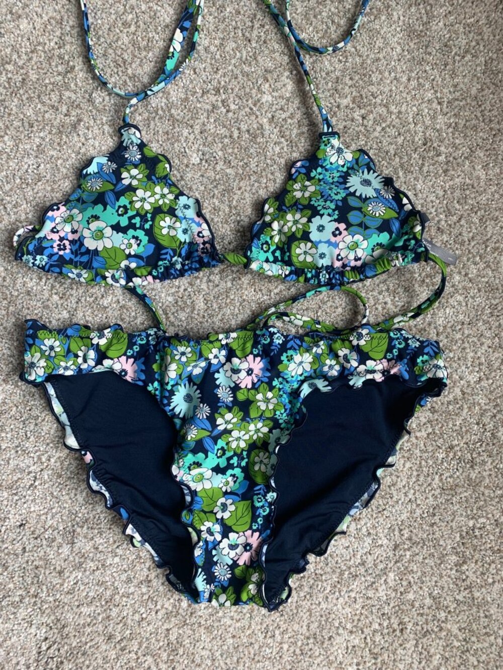 Aerie Women's 2-piece Bikini Set, Scalloped Blue Green Floral, size S/S NWT